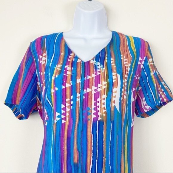 VINTAGE 80s STOCK OPTIONS Bohemian Retro MIDI Dress Lightweight Abstract Blue Lg - Picture 3 of 7